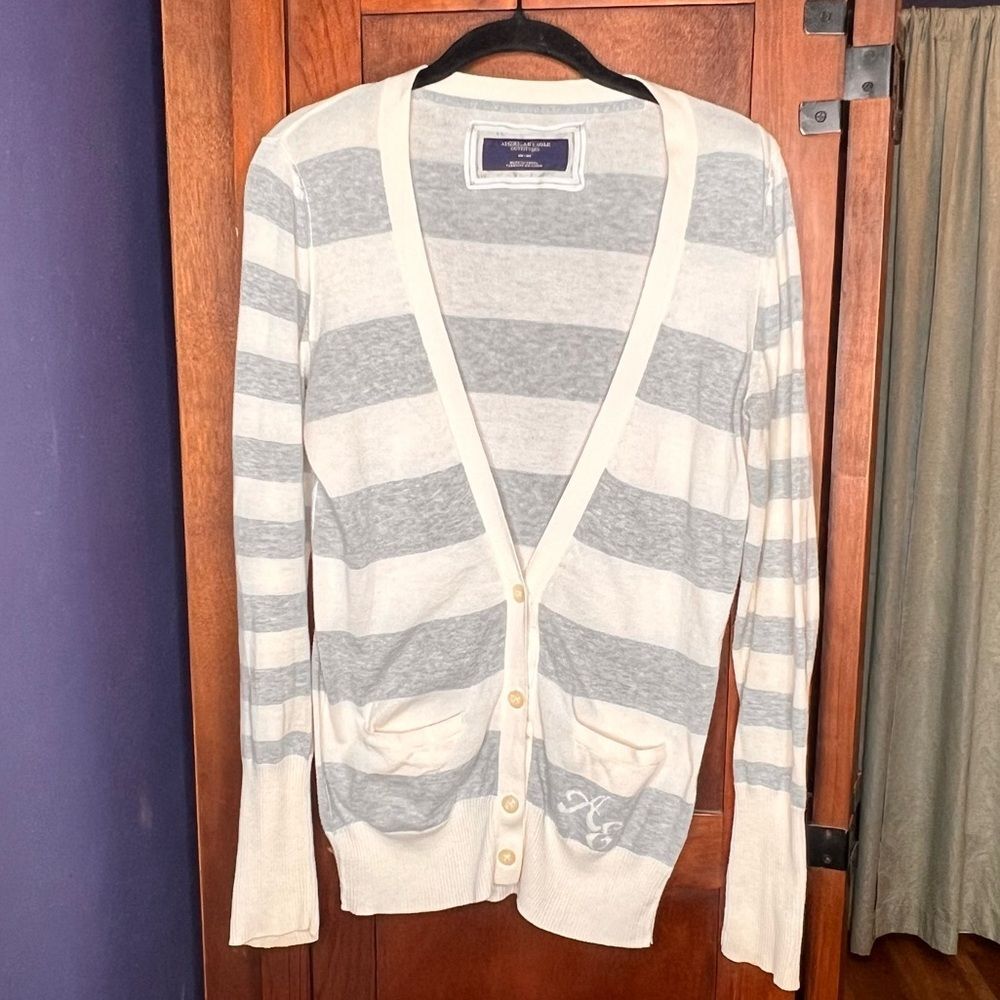 American Eagle RARE y2K Striped Gray Cardigan Monogram Initials Pocket Size M - Picture 2 of 6
